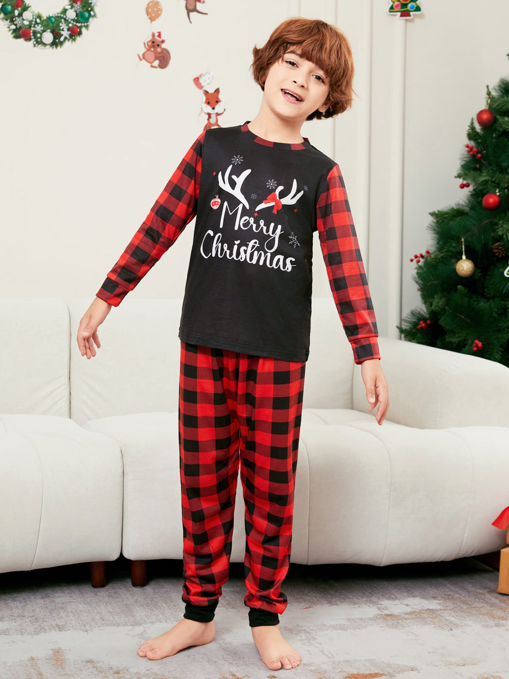 Elk Print Red and Black Plaid Long Sleeve Christmas Pajama Set