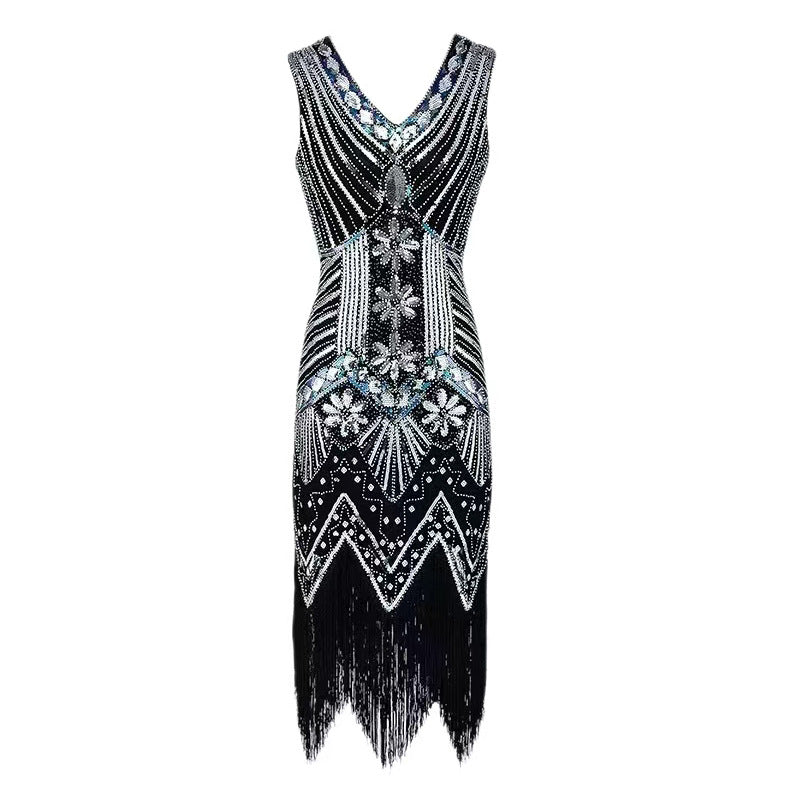 Vintage evening dress Sequin Beaded Tassel Sleeveless Party Dress