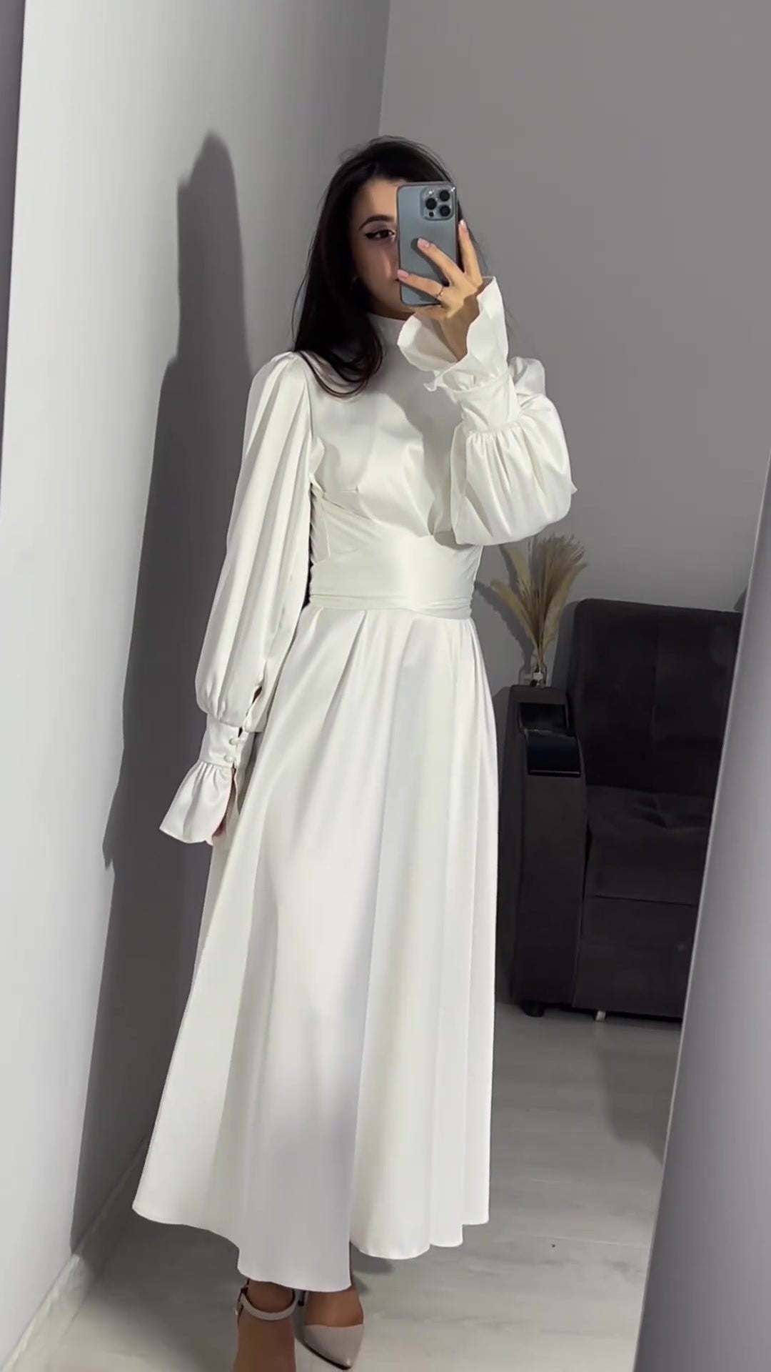 Round Neck High Waist Long Sleeve Women's Dress