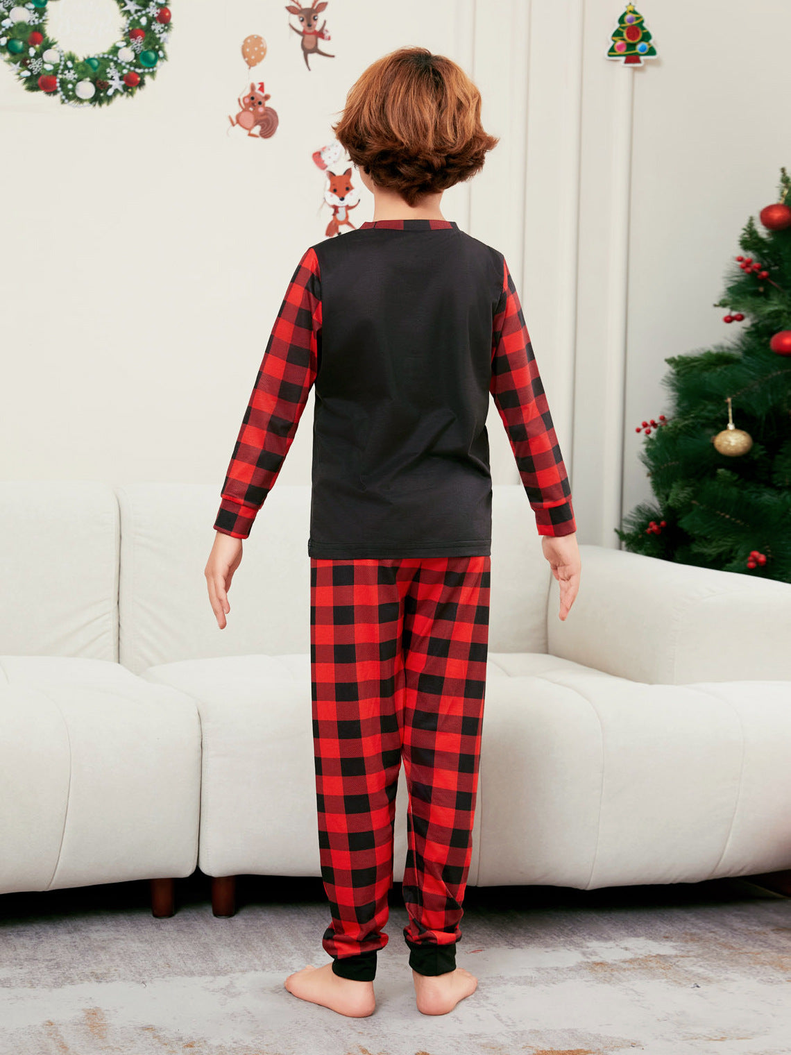 Elk Print Red and Black Plaid Long Sleeve Christmas Pajama Set