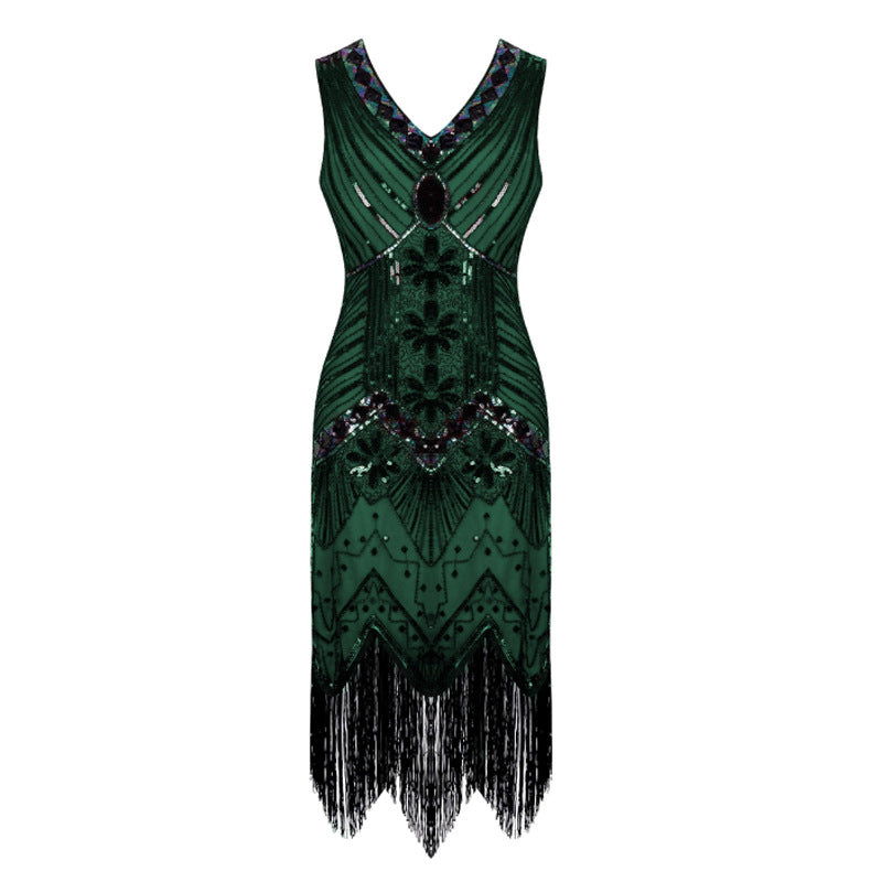 Vintage evening dress Sequin Beaded Tassel Sleeveless Party Dress