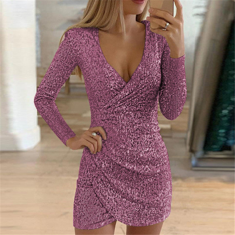 Ins style autumn sexy v-neck hip-wrapped irregular short skirt sequin dress