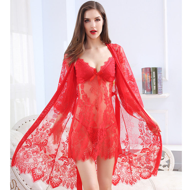 Large size sexy lingerie 3 PCs Set women's sexy see-through lace free-to-take-off nightdress