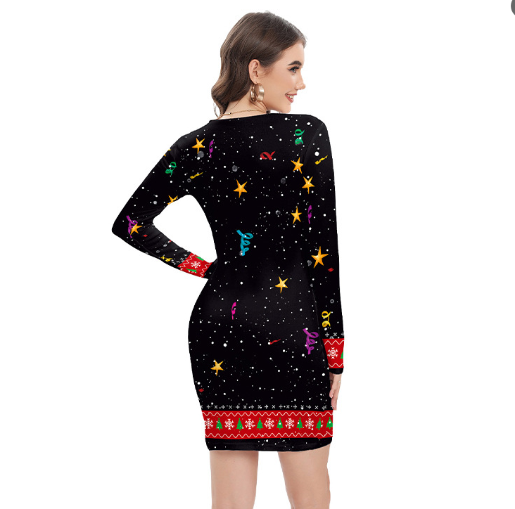 Long-sleeved round neck pullover printed Christmas hip dress