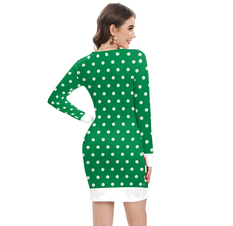 Long-sleeved round neck pullover printed Christmas hip dress