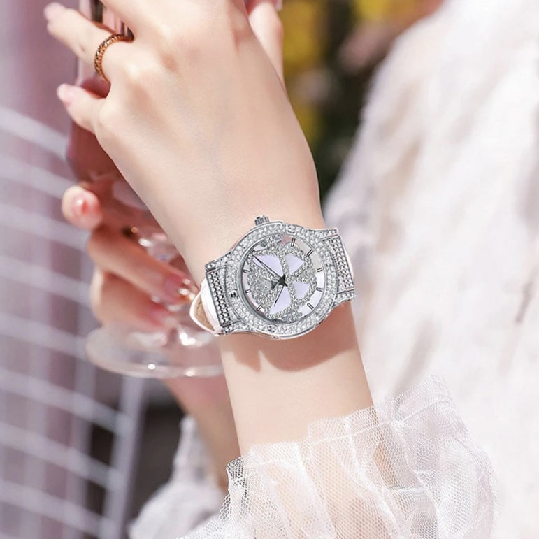 Lucky Butterfly Women's Diamond Watch PU Strap