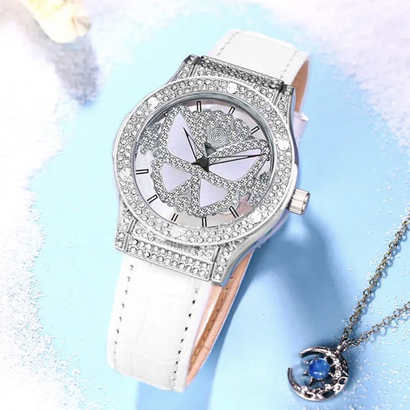 Lucky Butterfly Women's Diamond Watch PU Strap