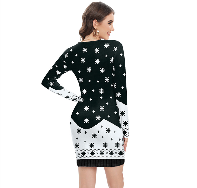 Long-sleeved round neck pullover printed Christmas hip dress