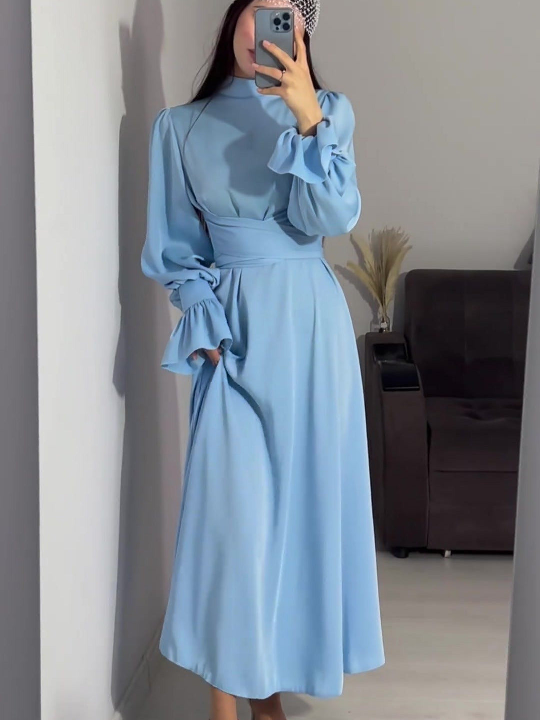 Round Neck High Waist Long Sleeve Women's Dress