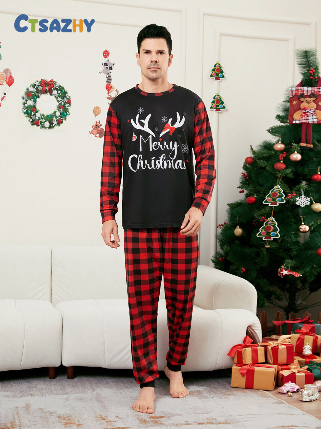 Elk Print Red and Black Plaid Long Sleeve Christmas Pajama Set