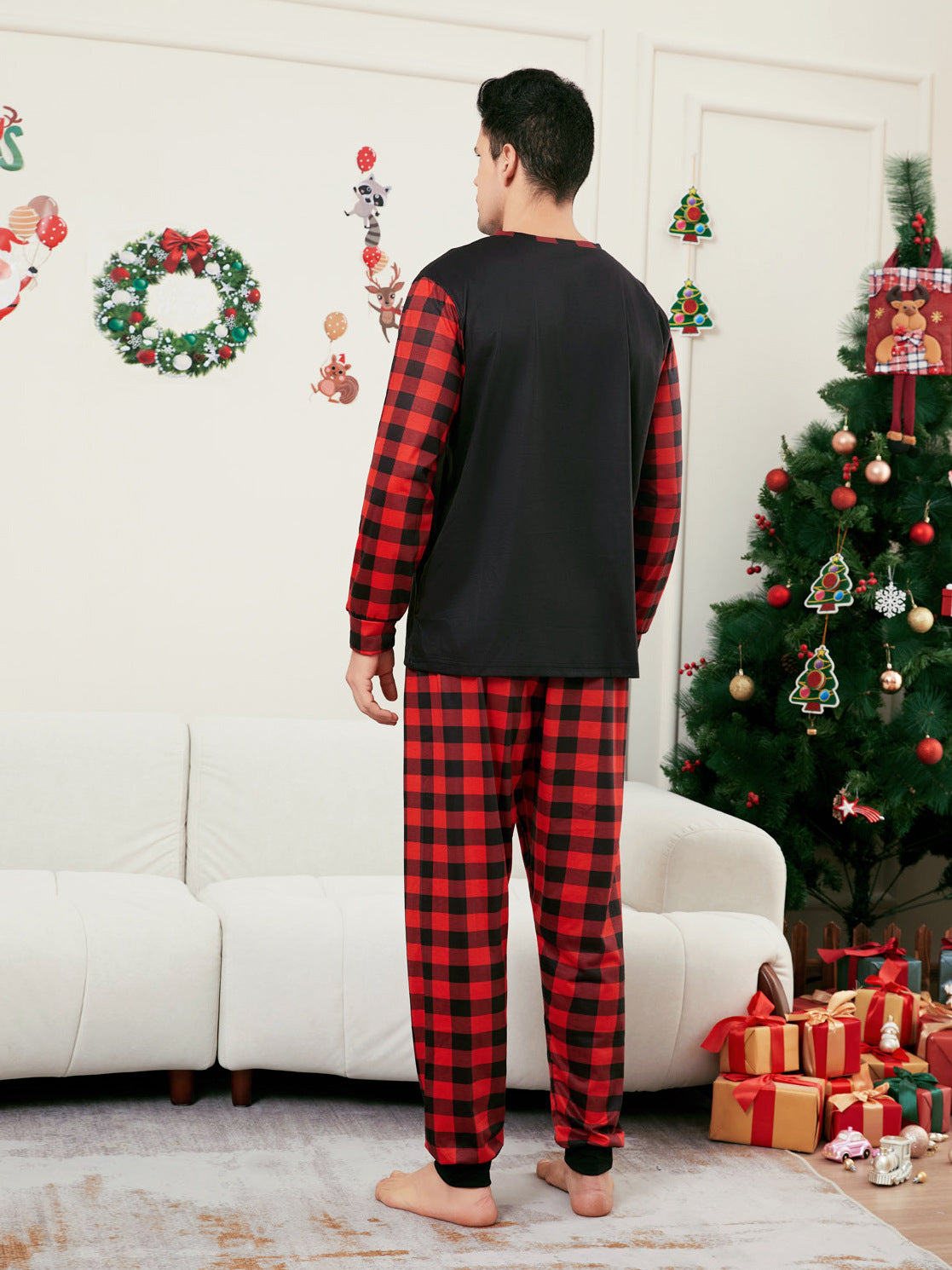 Elk Print Red and Black Plaid Long Sleeve Christmas Pajama Set