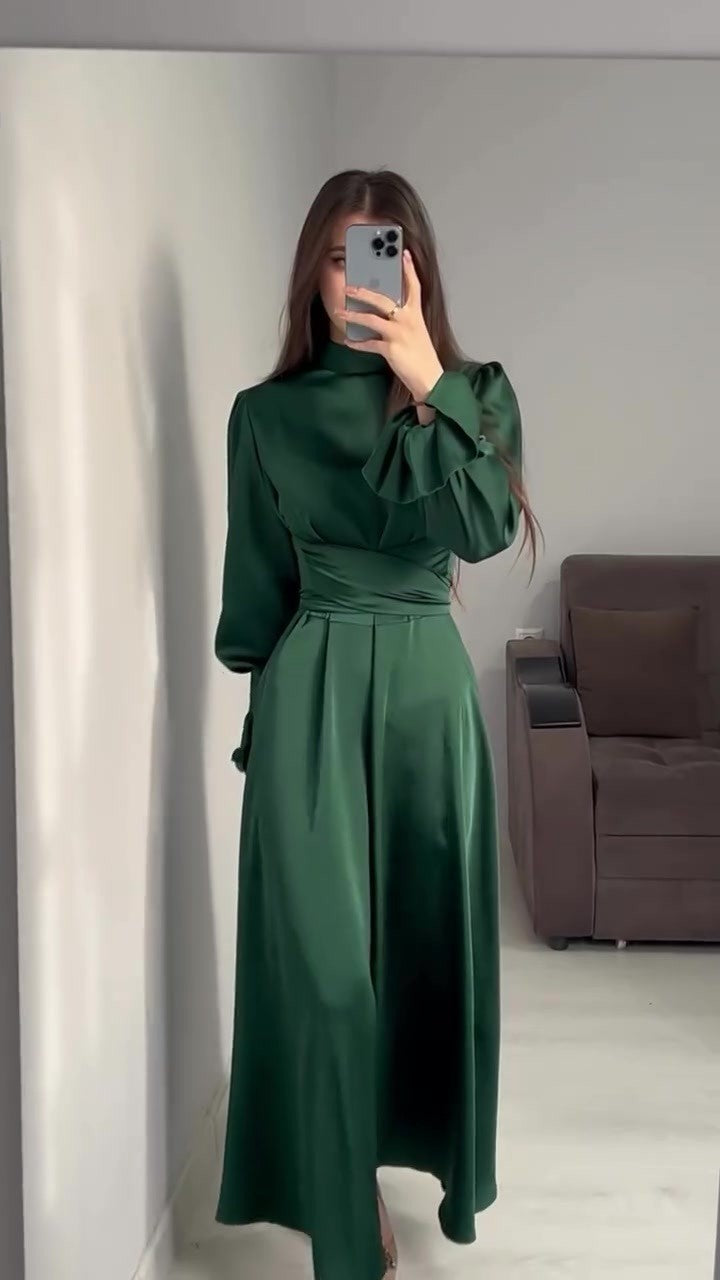 Round Neck High Waist Long Sleeve Women's Dress