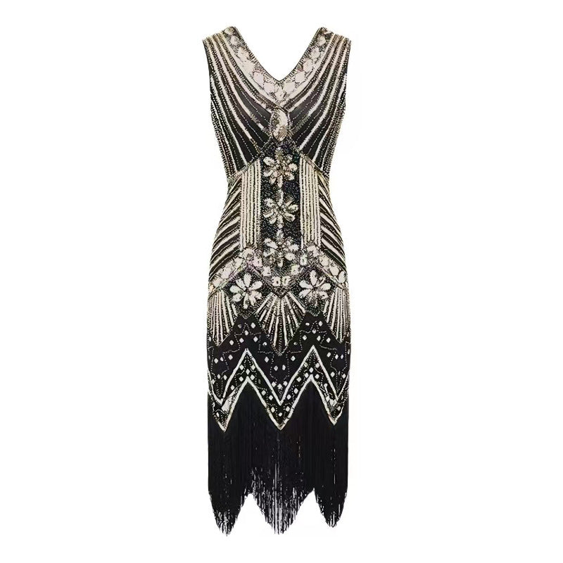 Vintage evening dress Sequin Beaded Tassel Sleeveless Party Dress