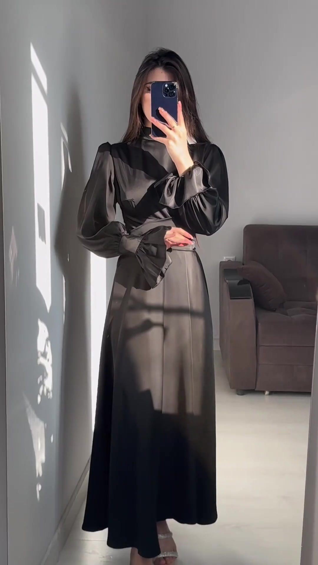 Round Neck High Waist Long Sleeve Women's Dress