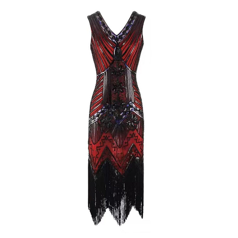 Vintage evening dress Sequin Beaded Tassel Sleeveless Party Dress