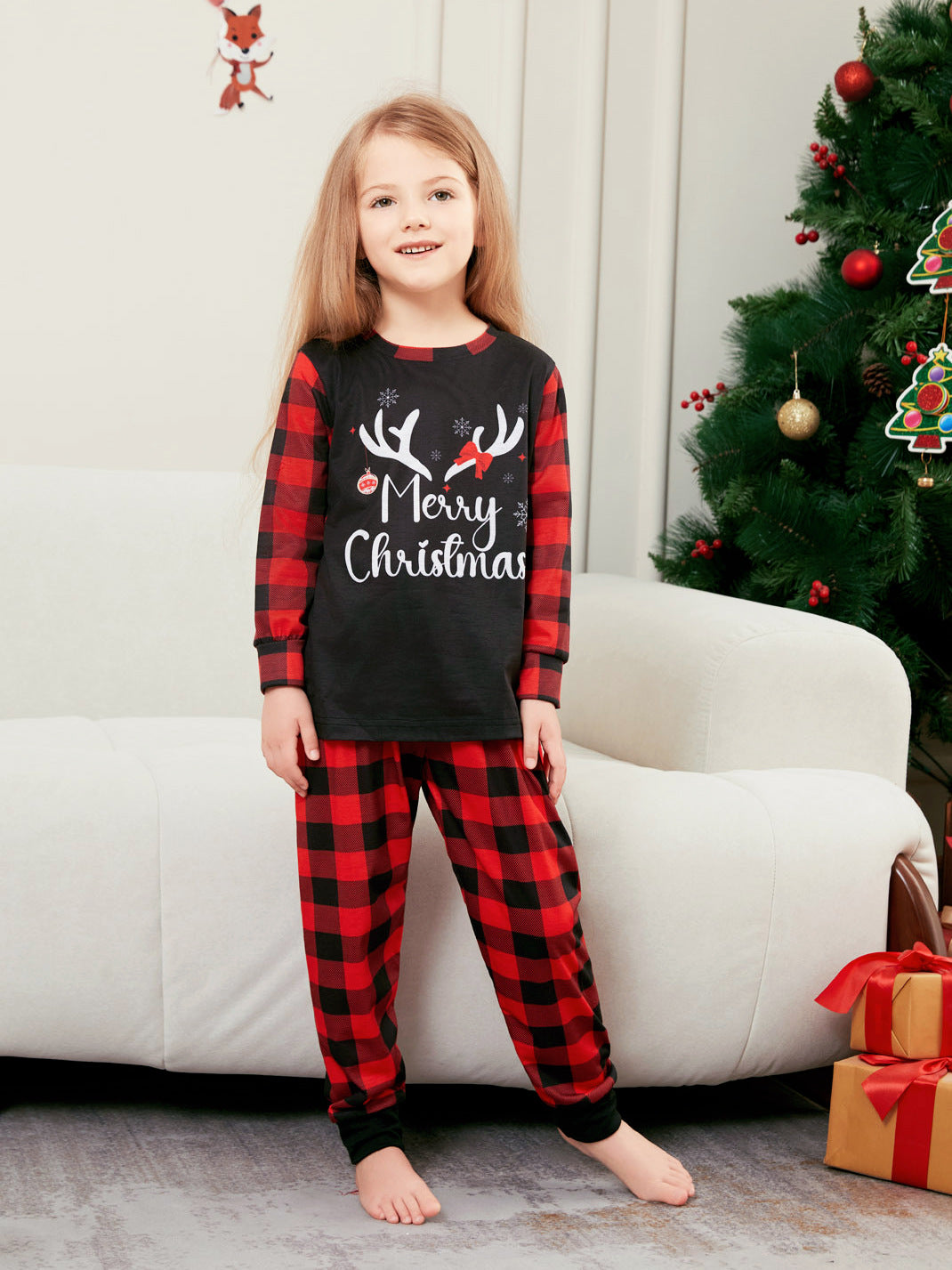 Elk Print Red and Black Plaid Long Sleeve Christmas Pajama Set