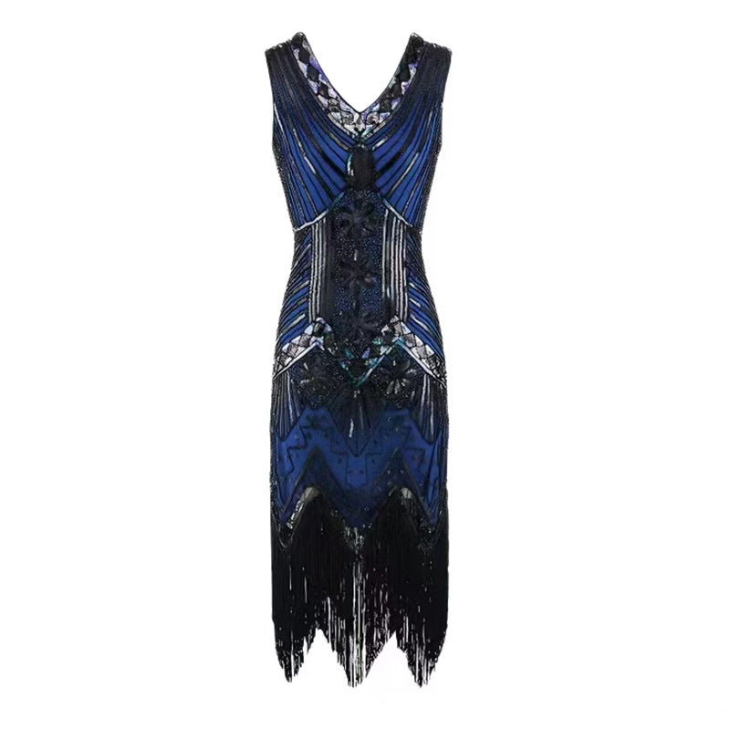 Vintage evening dress Sequin Beaded Tassel Sleeveless Party Dress