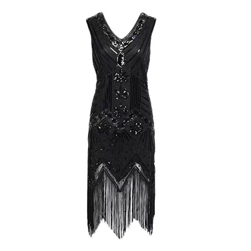 Vintage evening dress Sequin Beaded Tassel Sleeveless Party Dress