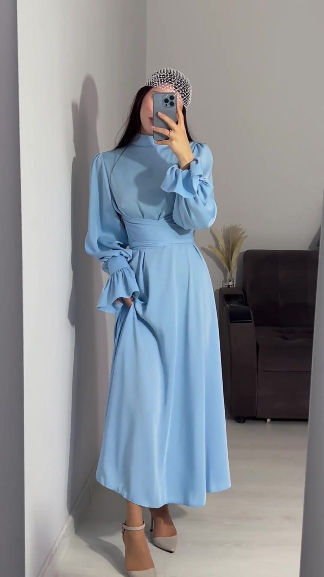 Round Neck High Waist Long Sleeve Women's Dress