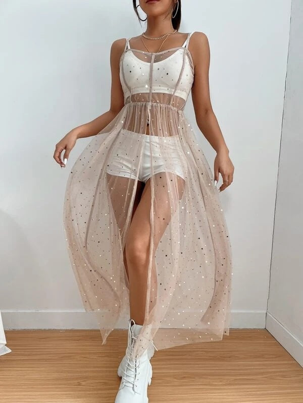 Suspender Skirt Mesh Bikini Cover-up Stars See-through Mesh Sexy Slim Fit Women's Dress