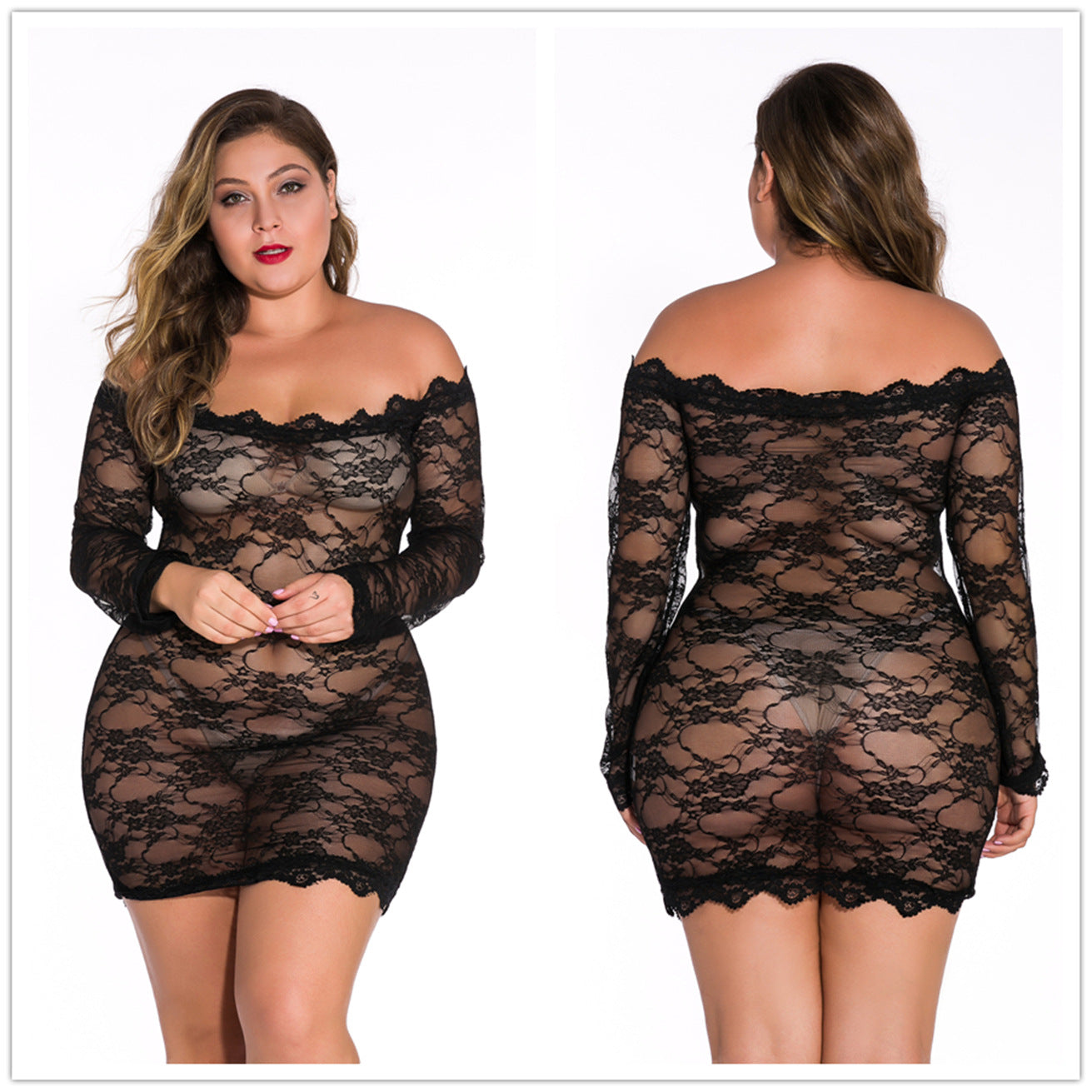 Sexy plus size erotic lingerie pajamas women's lace long sleeve one shoulder Body Suit