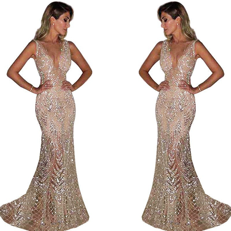 Annual meeting evening dress women's long sleeveless sequined women's  V-neck dress