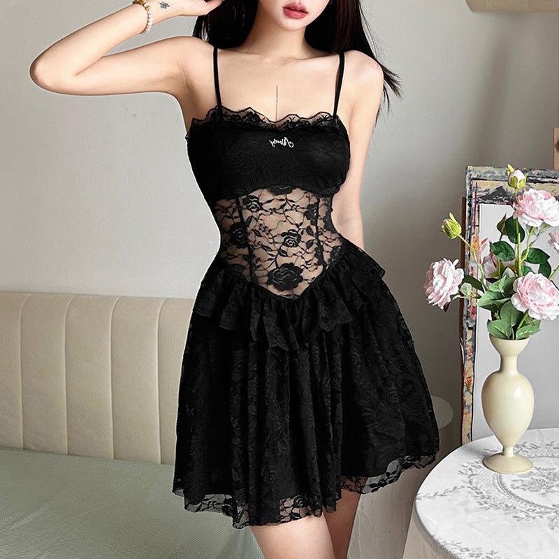 2024 new women's lace sweet and sexy little black dress hollow cake skirt