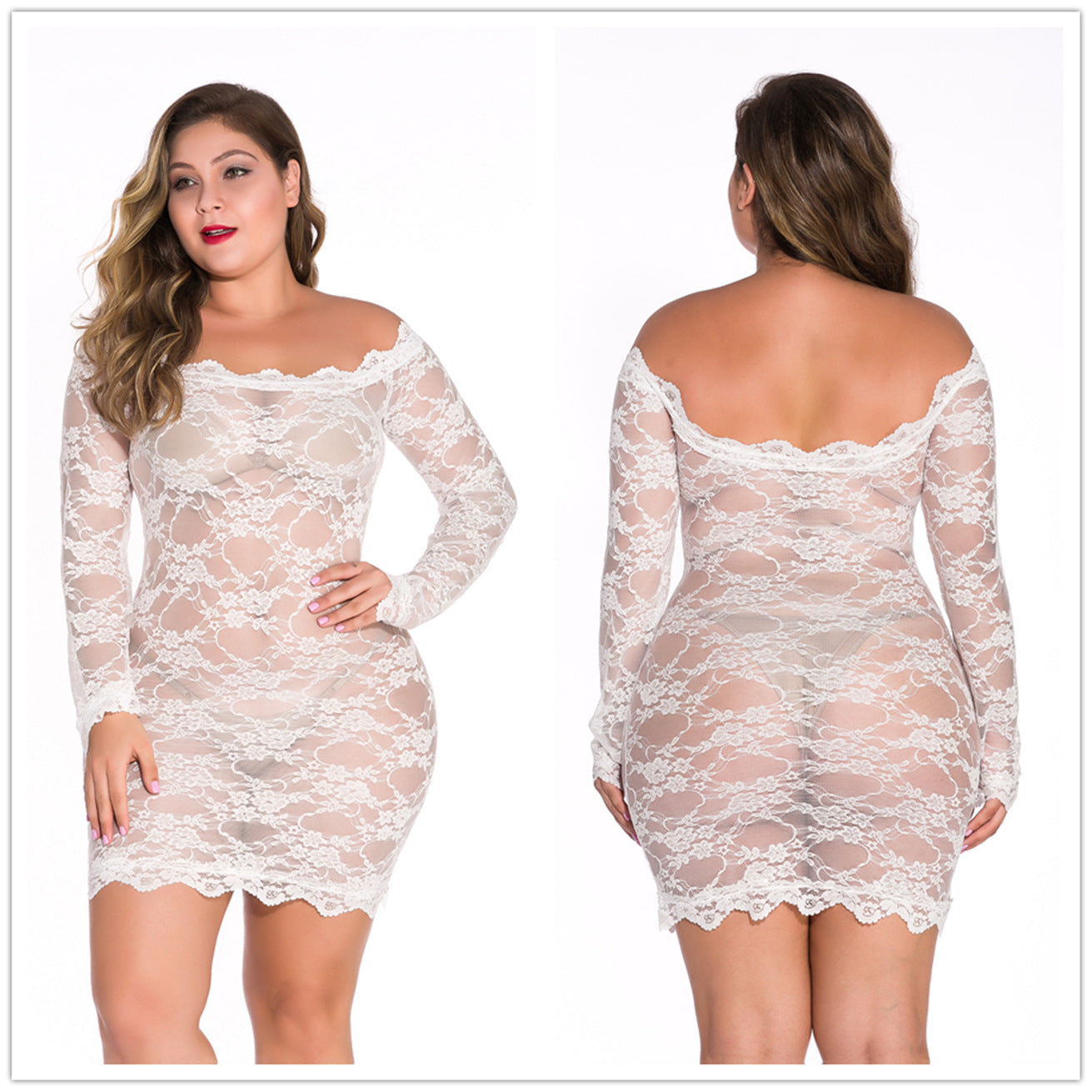 Sexy plus size erotic lingerie pajamas women's lace long sleeve one shoulder Body Suit