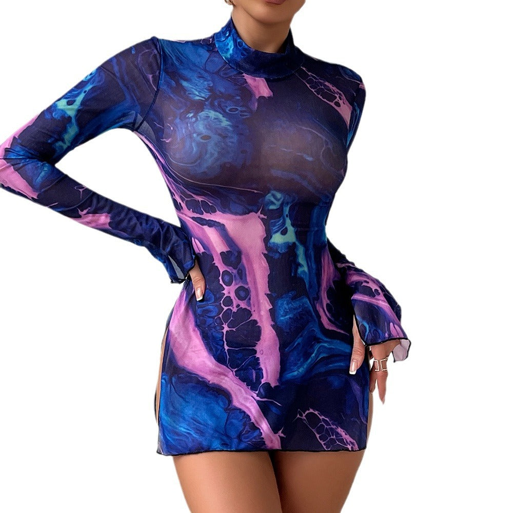 Sexy women's high collar ultra-thin mesh tie-dye see-through side high slit dress