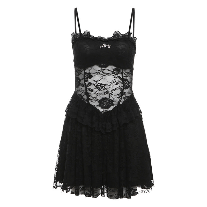 2024 new women's lace sweet and sexy little black dress hollow cake skirt