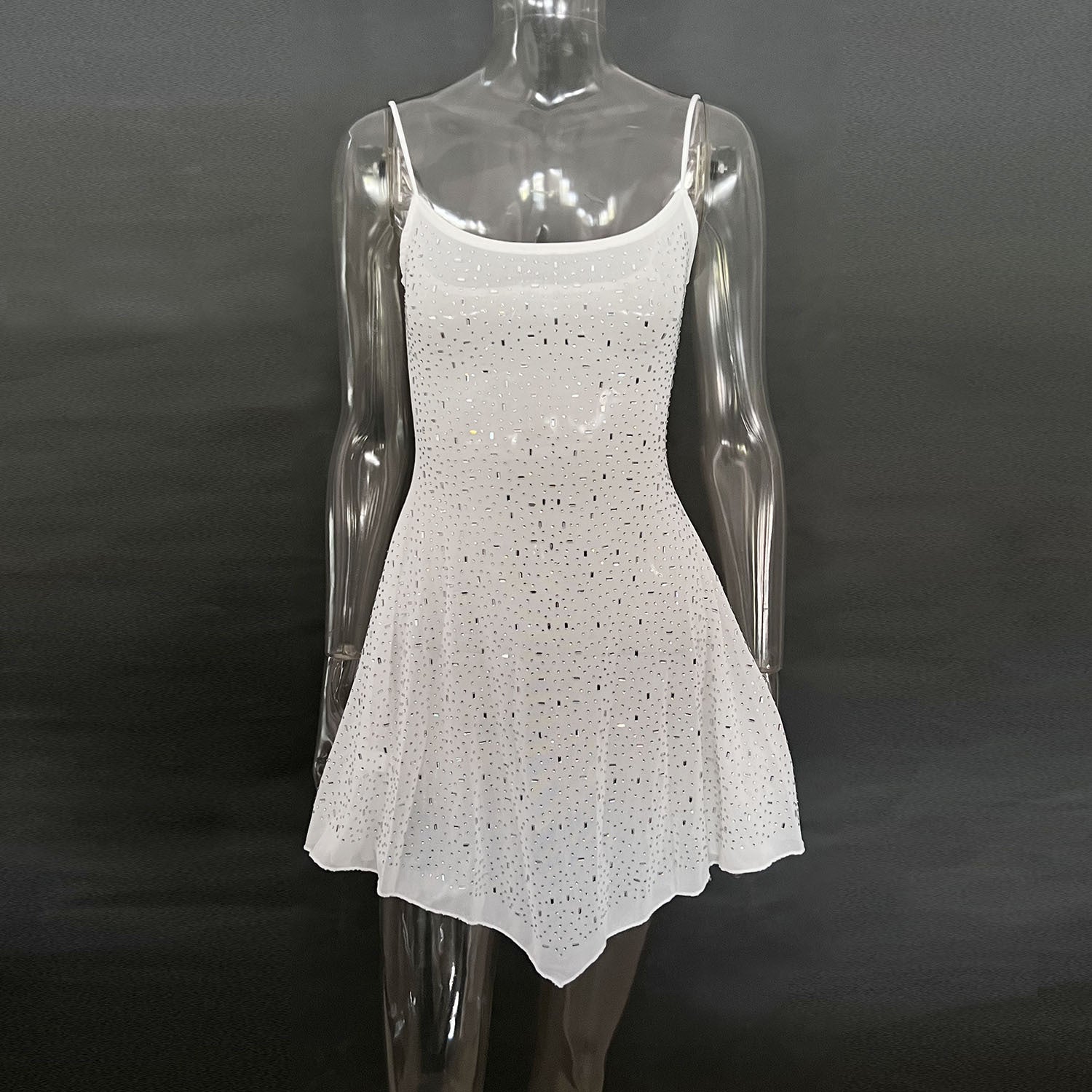 Women rhinestone semi-transparent suspender short Party dress