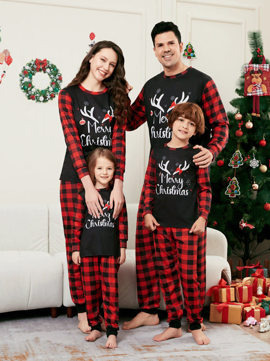 Elk Print Red and Black Plaid Long Sleeve Christmas Pajama Set