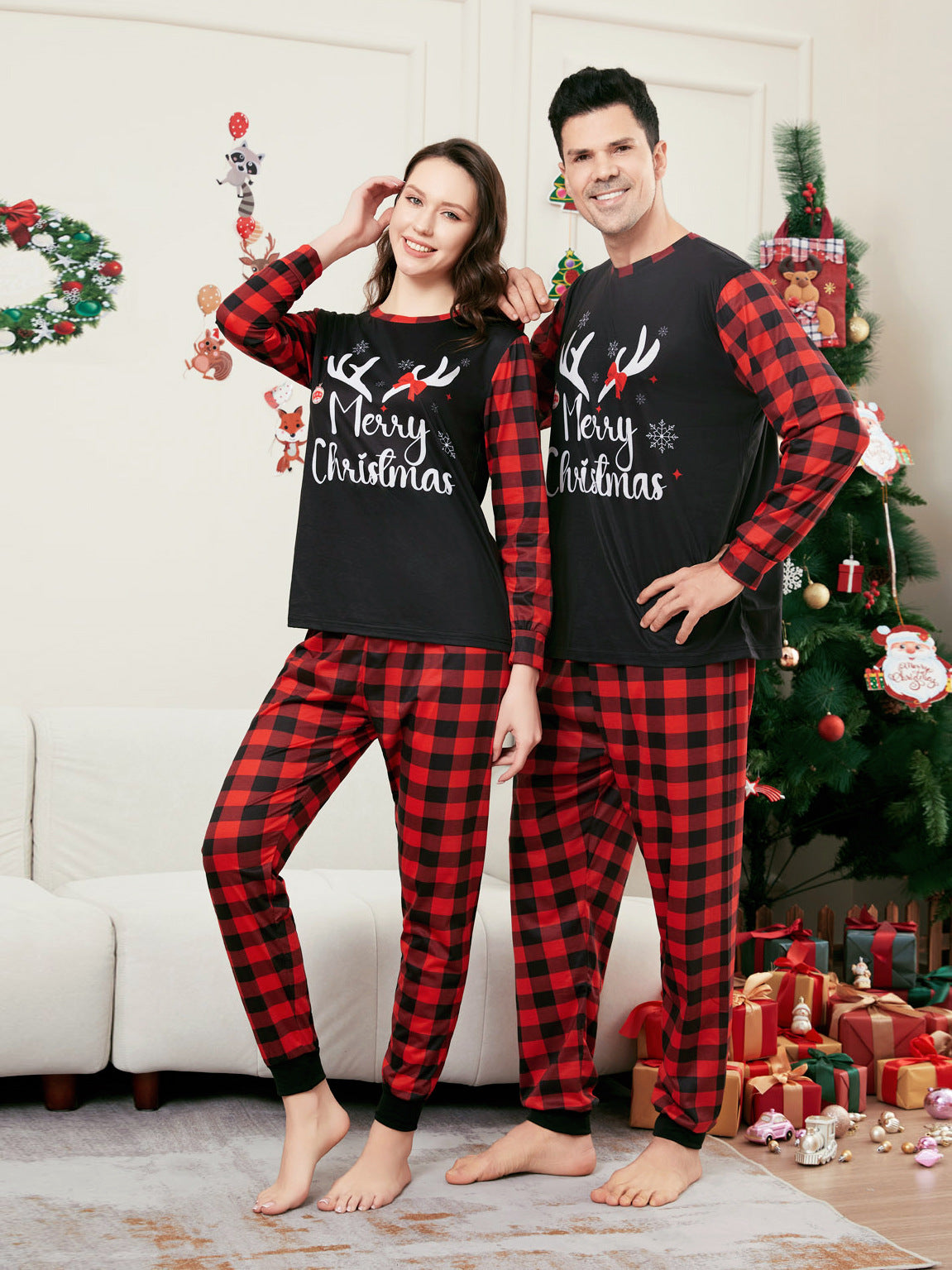 Elk Print Red and Black Plaid Long Sleeve Christmas Pajama Set