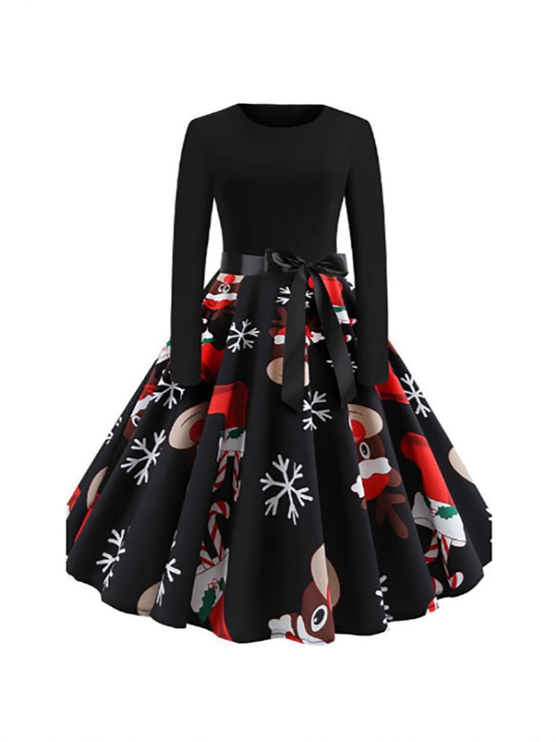 Christmas round neck print long sleeve tutu skirt swing dress