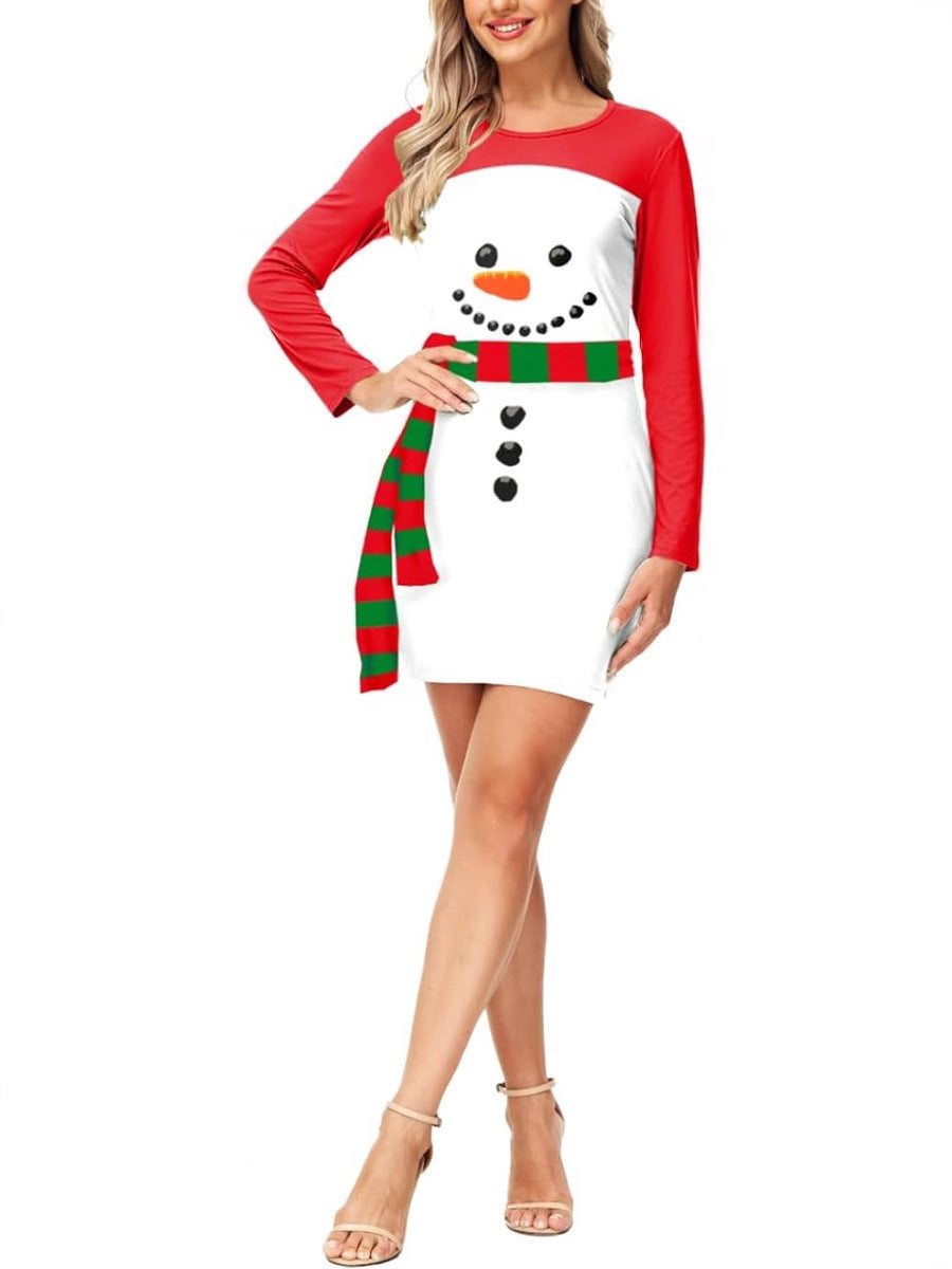 New Christmas Snowman Knitted Print Long Sleeve Dress