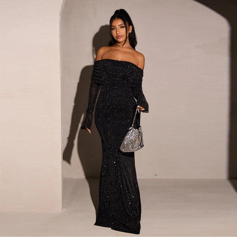 Women's elegant slim fit sequined one shoulder Party dress