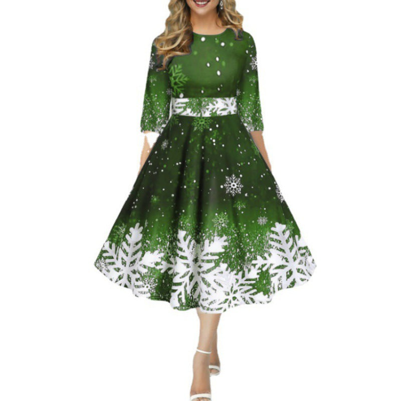 Women's Christmas style mid-length sleeve waist dress