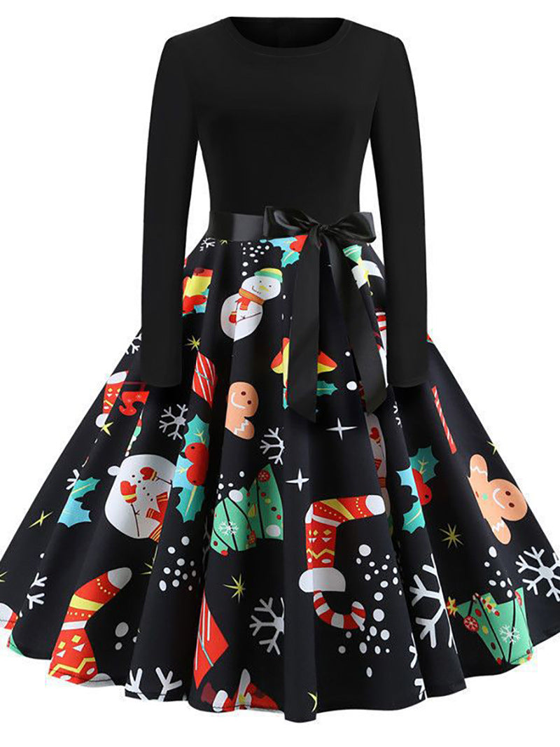 Christmas round neck print long sleeve tutu skirt swing dress