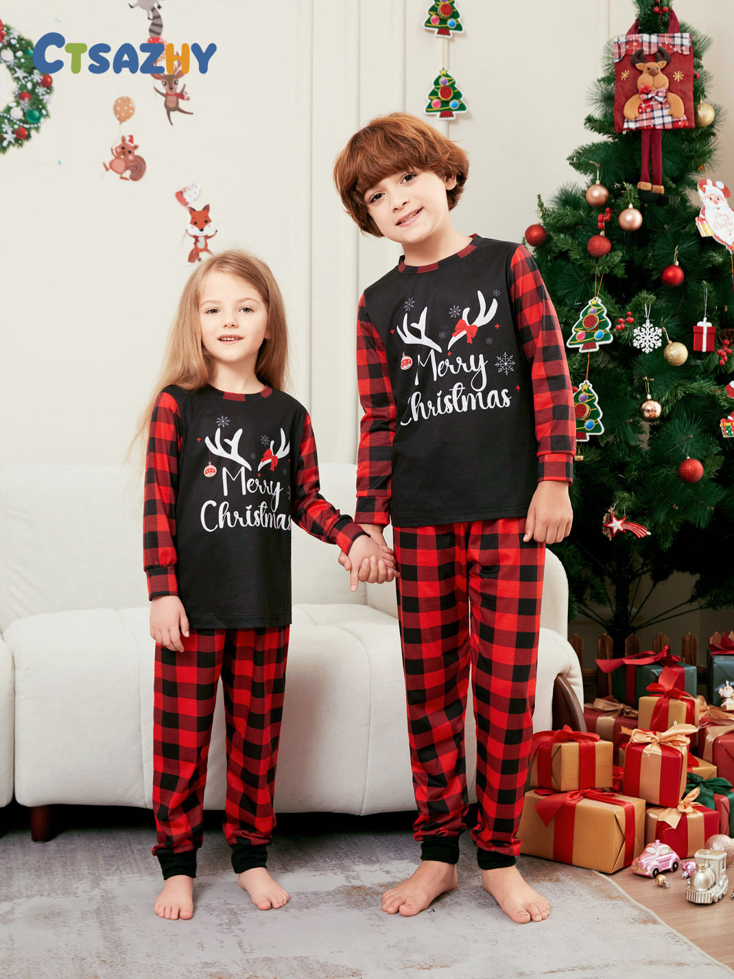 Elk Print Red and Black Plaid Long Sleeve Christmas Pajama Set