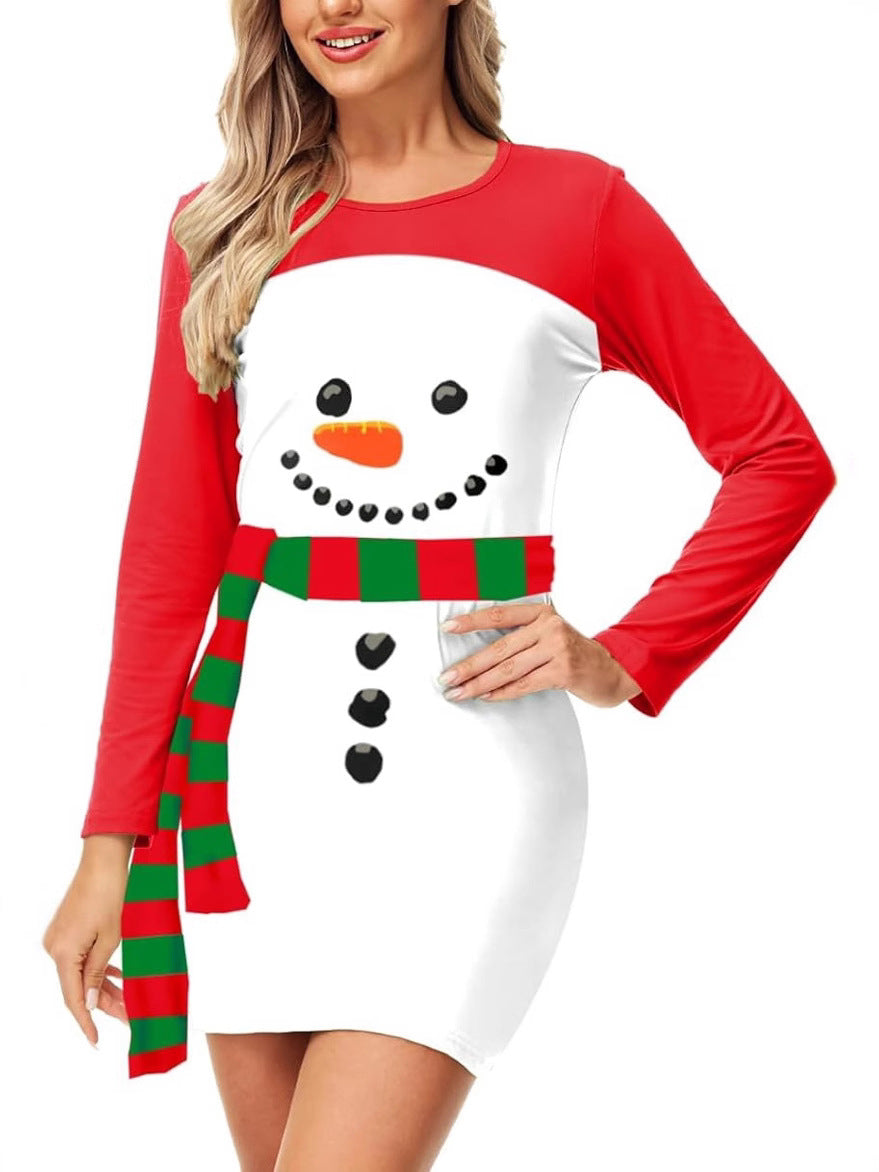 New Christmas Snowman Knitted Print Long Sleeve Dress