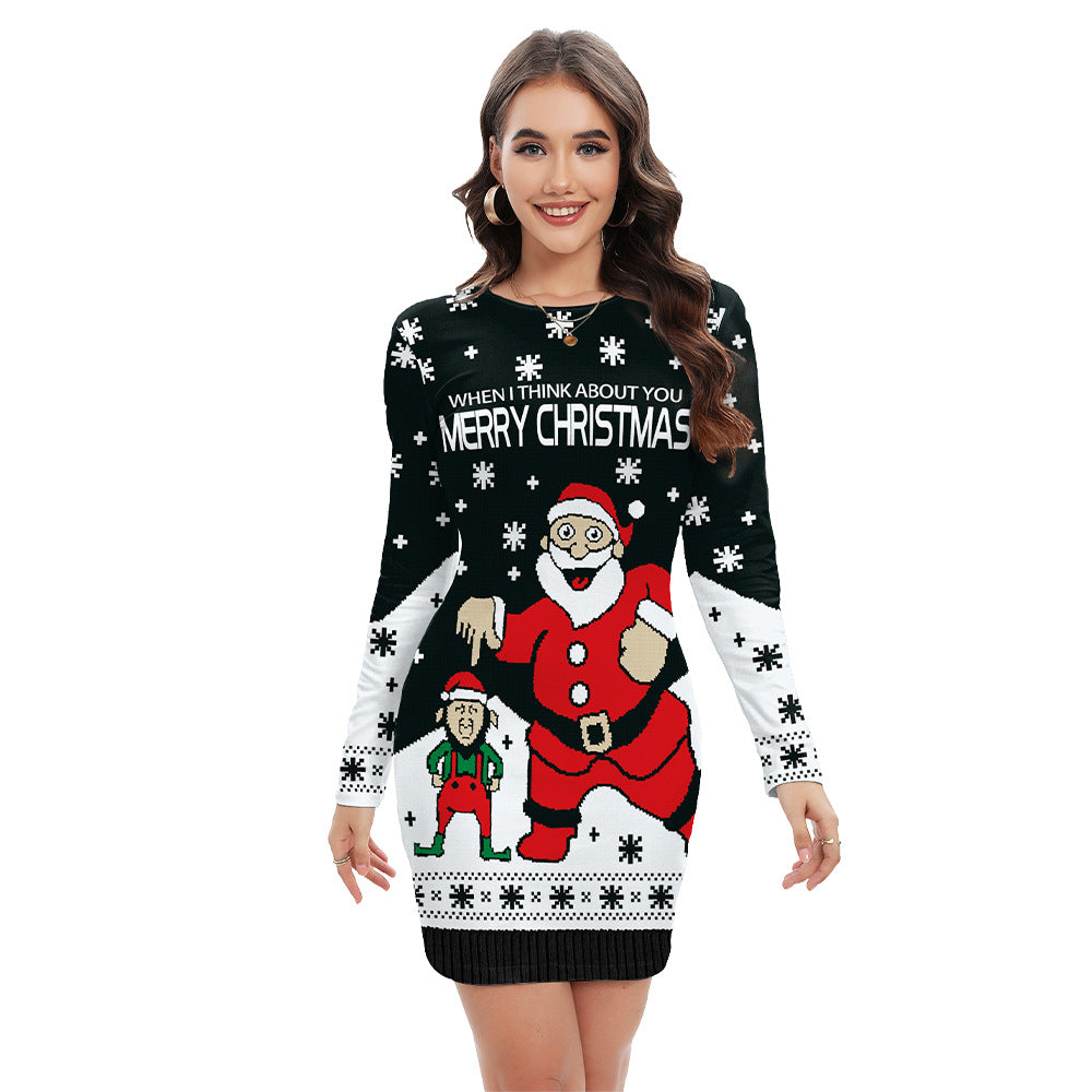 Long-sleeved round neck pullover printed Christmas hip dress