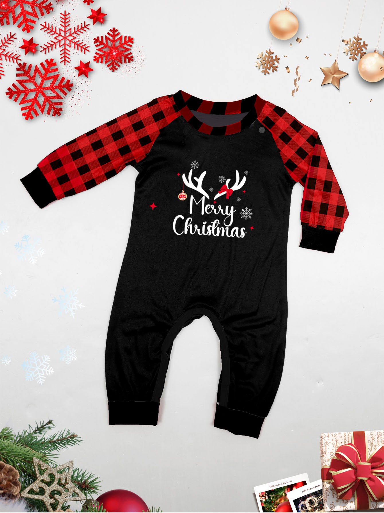 Elk Print Red and Black Plaid Long Sleeve Christmas Pajama Set