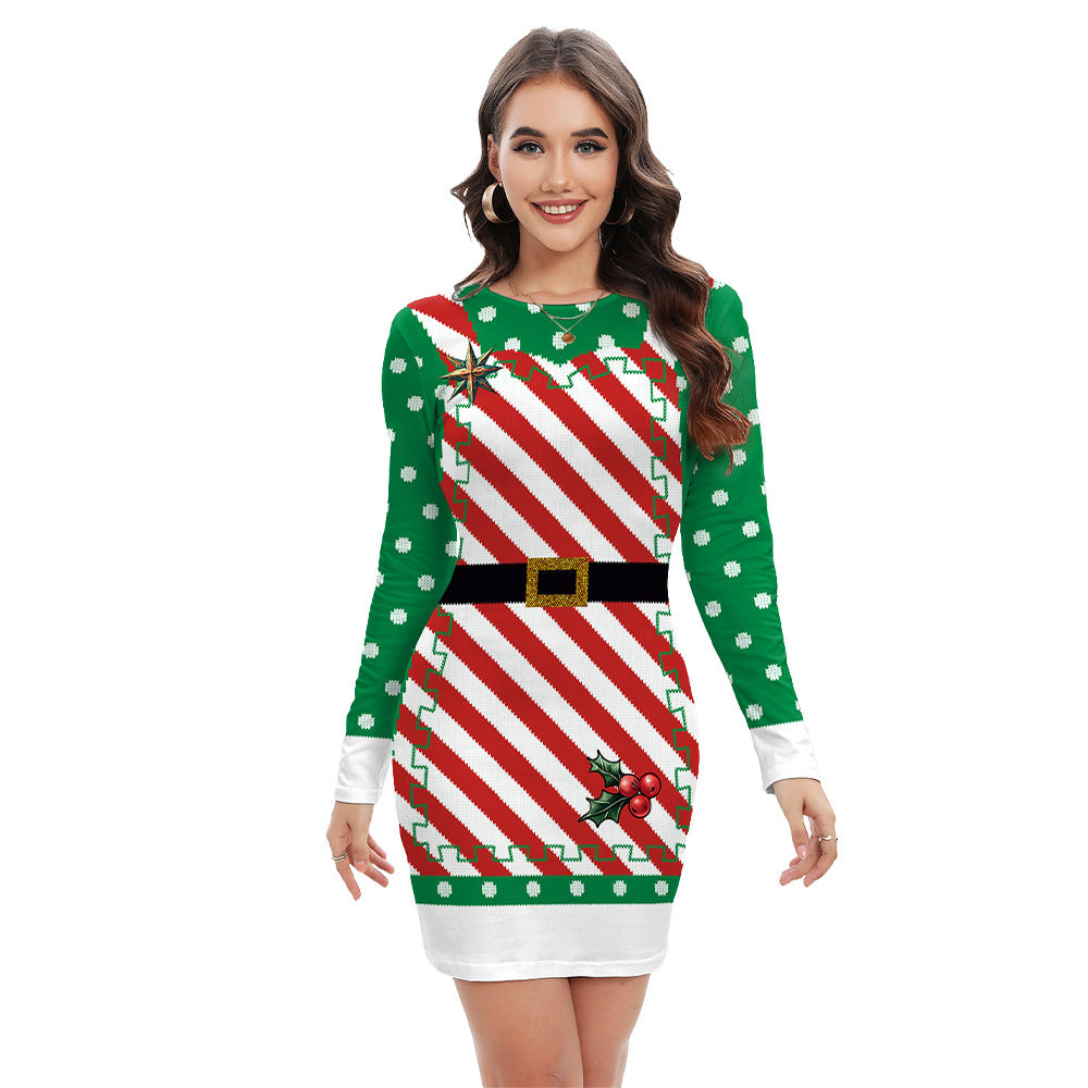 Long-sleeved round neck pullover printed Christmas hip dress