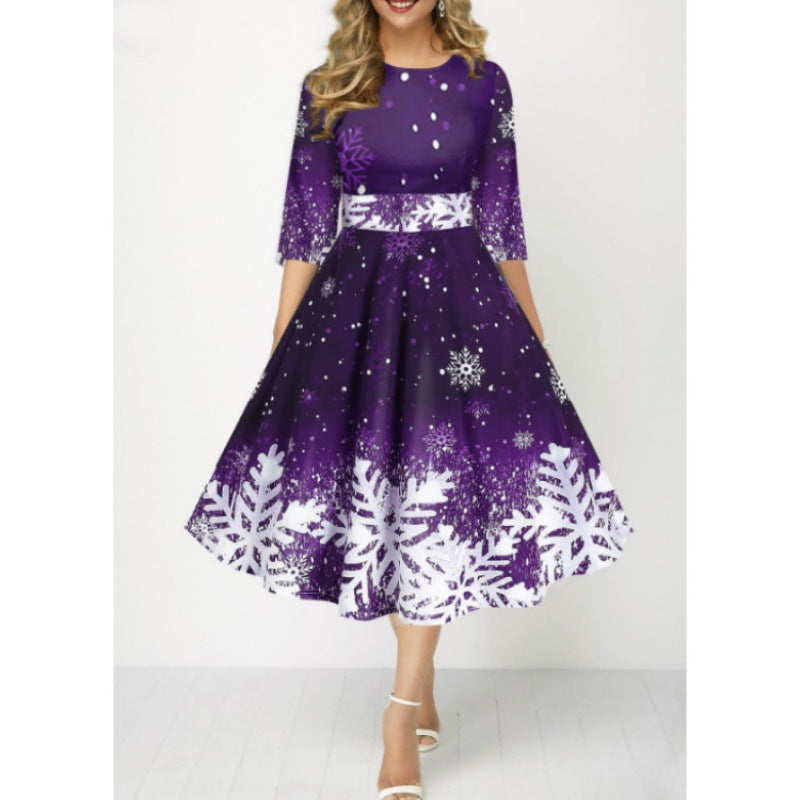 Women's Christmas style mid-length sleeve waist dress