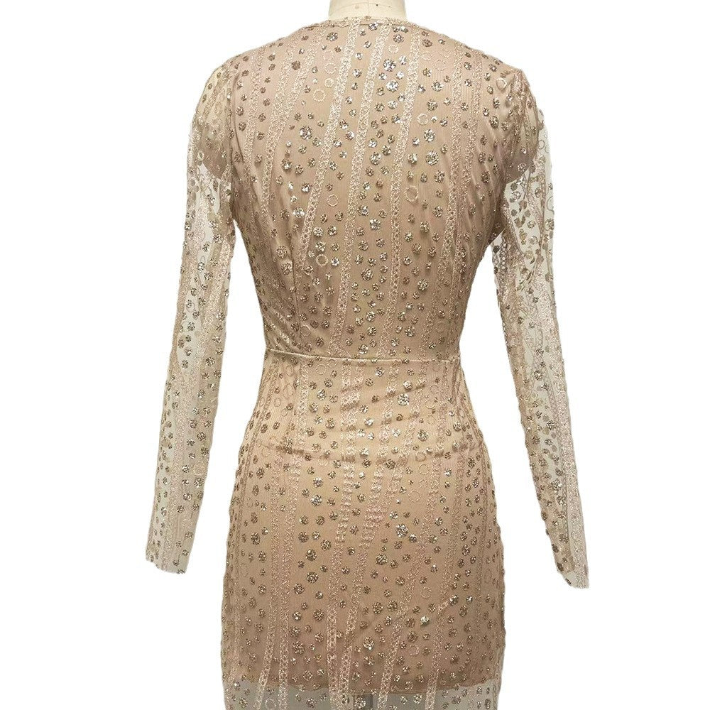 Sequined hip-hugging dress long sleeve evening dress