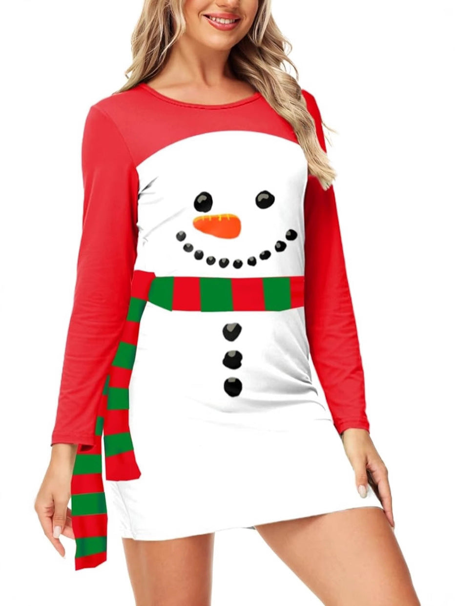 New Christmas Snowman Knitted Print Long Sleeve Dress