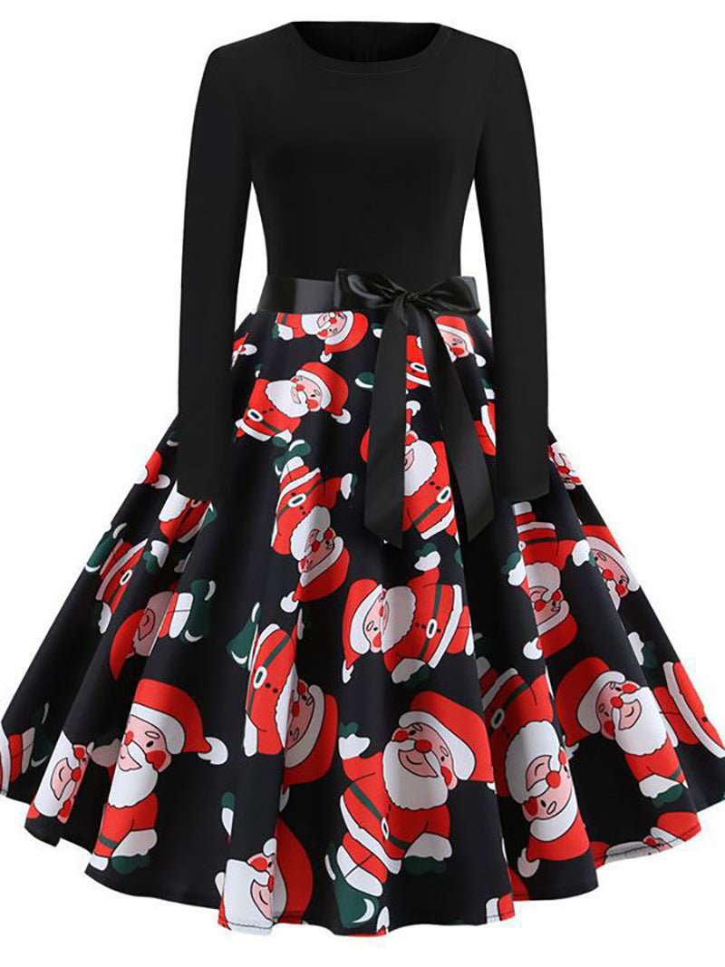 Christmas round neck print long sleeve tutu skirt swing dress