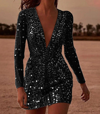 Sequined hip-hugging dress long sleeve evening dress