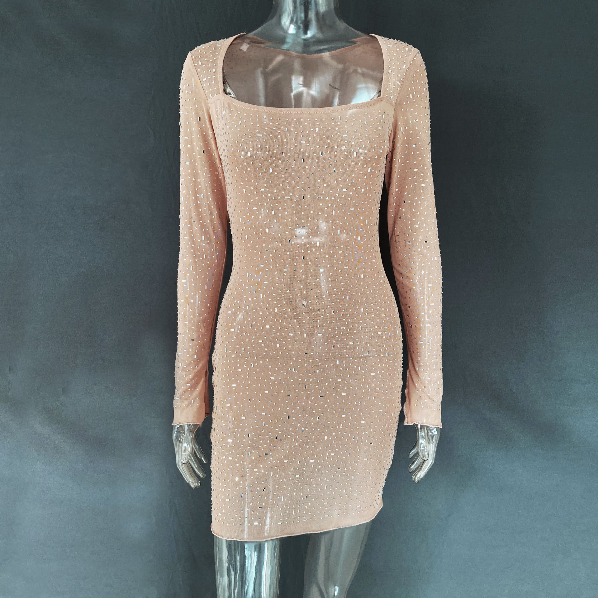 Sequined rhinestone semi-transparent long-sleeved short party dress