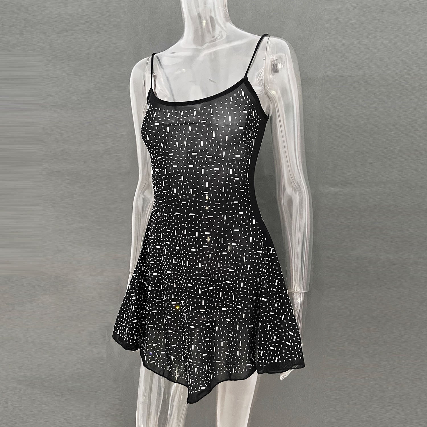 Women rhinestone semi-transparent suspender short Party dress